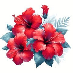 Vibrant Red Hibiscus Flowers with Green Foliage Illustration