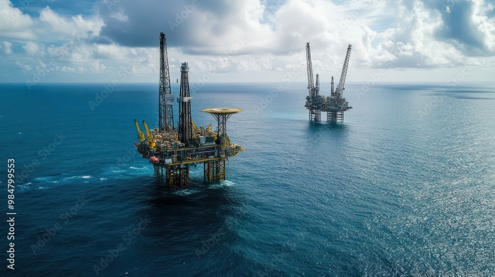 Wall mural offshore drilling platforms in the middle of the ocean, showing large-scale operations