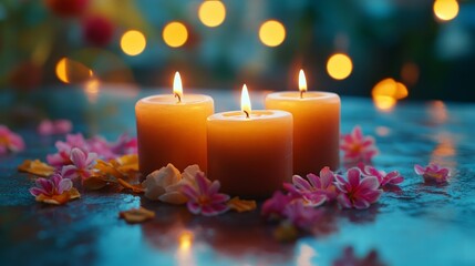 A group of candles that are on a table celebration Diwali with colorfull background and bright ambiente