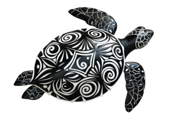 Top view of black and white maori sea turtle. Transparent background