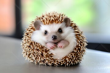 A hedgehog curled up into a ball, with its tiny nose peeking out from its spiky exterior