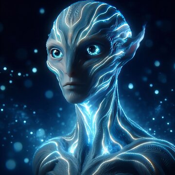 A detailed close-up of an alien figure with glowing, bioluminescent patterns across its face and body. Its expressive, large eyes and intricate glowing lines evoke a sense of otherworldly intelligence