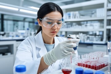 A laboratory technician analyzing blood samples, wearing a white lab coat and safety goggles