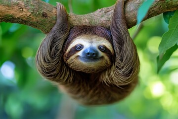 Obraz premium A lazy sloth hanging from a tree branch, with a relaxed expression and slow, deliberate movements