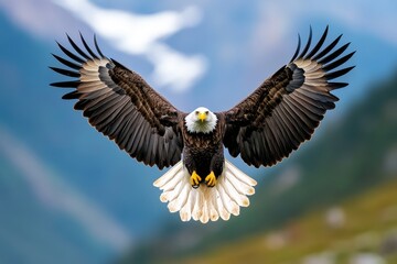 Obraz premium A majestic eagle soaring high above the mountains, with wings spread wide, gliding effortlessly through the sky
