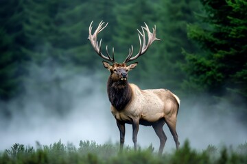 A majestic elk standing in a misty forest, with its antlers reaching high above the fog-covered trees