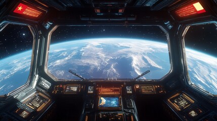 A space station orbiting Earth. The interior is equipped for living and working