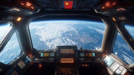 A space station orbiting Earth. The interior is equipped for living and working