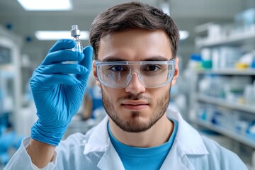 A medical researcher holding a vial, analyzing results in a laboratory focused on disease treatment
