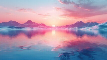 beautiful sunset on the sea with mountains reflected in water