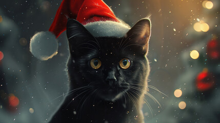 Fototapeta premium Black cat in red Santa hat with blurred Christmas lights and snowflakes, festive holiday ambiance