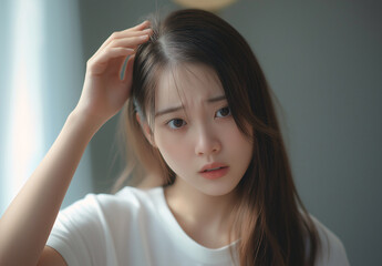 Naklejka premium A young woman with long hair sits thoughtfully, gazing off to the side while deep in contemplation in a softly-lit room