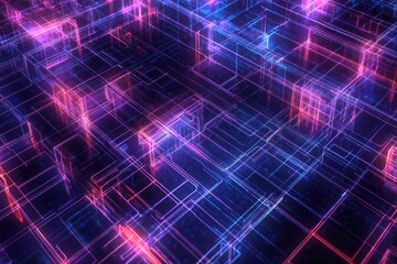 Fototapeta premium Abstract background with glowing pink and blue lines forming a grid pattern.