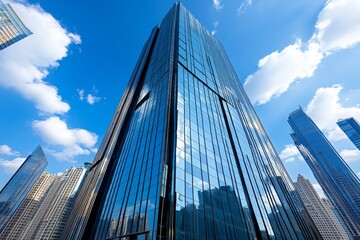Fototapeta premium A modern glass skyscraper reflecting the city skyline, showcasing sleek and futuristic architecture