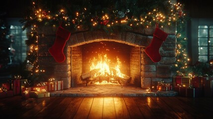 A cozy fireplace with stockings hung, surrounded by pine garlands and glowing Christmas lights, ready for a holiday celebration.