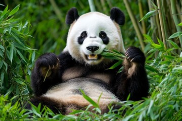 Fototapeta premium A panda bear munching on bamboo, sitting contentedly in a dense bamboo forest