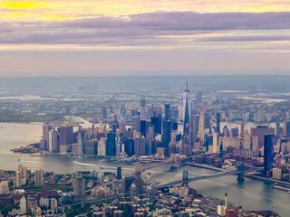 Aerial View Of Lower Manhattan In New York City As The Sun Sets