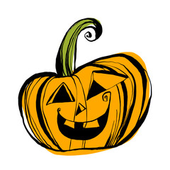 Halloween silly pumpkin drawing, whimsical cute vector illustration, Jack o lantern, black line and color stains style, isolated on a white 