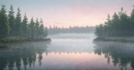 Serene forest lake at dawn, mist rising from the water, soft pastel sky