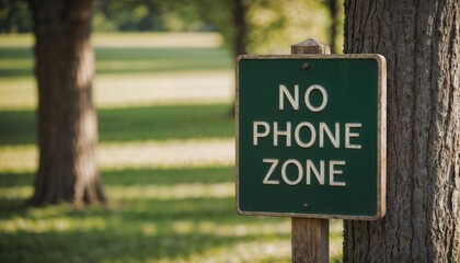 Rustic No Phone Zone sign on a wooden post in a serene park setting surrounded by greenery