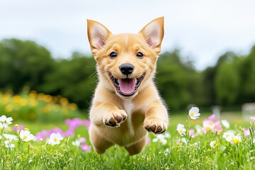 A playful puppy running through a field of flowers, full of energy and excitement