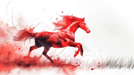 Red horse galloping in ink painting with dynamic splashes and white background conveying motion