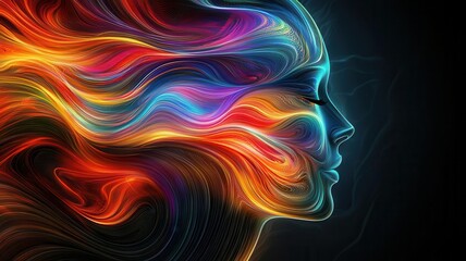 Fototapeta premium Vibrant abstract illustration of a woman's face adorned with colorful flowing hair, evoking creativity and emotion in a dark backdrop.