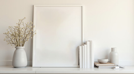 Modern minimalist interior with blank canvas frame and elegant white decor, perfect for a calm home 