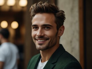 Close-up of a smiling man with stylish hair and a strong jawline.