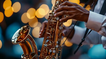 Obraz premium A saxophonist's fingers dance across the keys of their saxophone, creating beautiful jazz music.