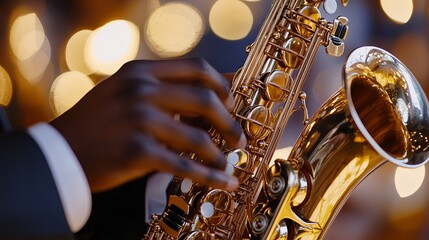 Obraz premium A saxophonist's fingers dance across the keys of their saxophone, creating beautiful jazz music.