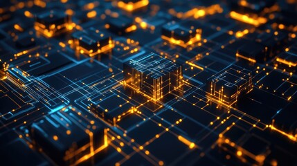 Abstract digital circuit board with glowing lines and cubes.