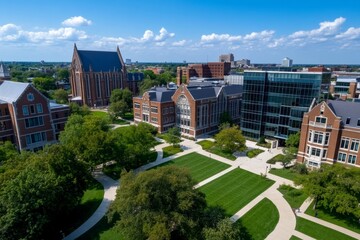 A sprawling university campus, with a blend of old brick buildings and new glass structures