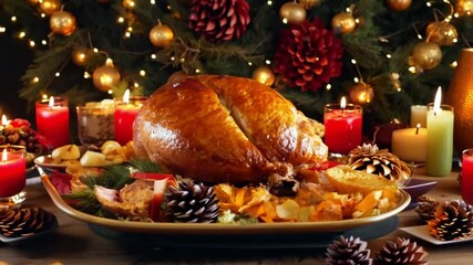 Festive Christmas dinner setup with a roasted turkey, surrounded by candles and decorations.