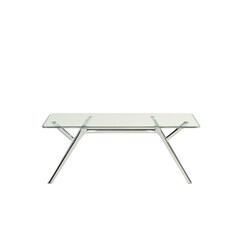 A glass table with a silver frame