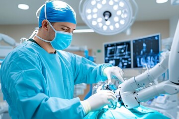 A surgeon using robotic-assisted technology, performing a precise medical procedure in an advanced operating room