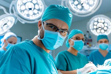 A team of surgeons working in an operating room, focused and wearing masks and surgical gowns under bright lights