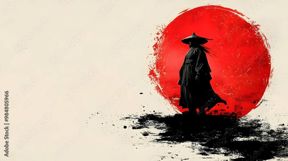 Wall mural Silhouette of a Man in a Traditional Hat Standing Against a Red Sun