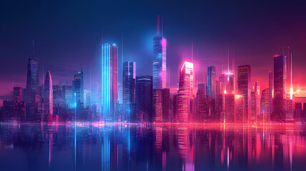 Fototapeta premium Futuristic financial district skyline, neon lights symbolizing business growth and innovation. Neon District. Illustration