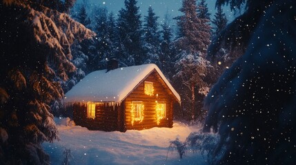 Fototapeta premium A cozy winter cabin in the middle of a winter wonderland, snow covering the roof and golden lights glowing inside.