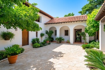 A traditional Mediterranean villa, with stucco walls, red-tiled roofs, and a courtyard filled with greenery