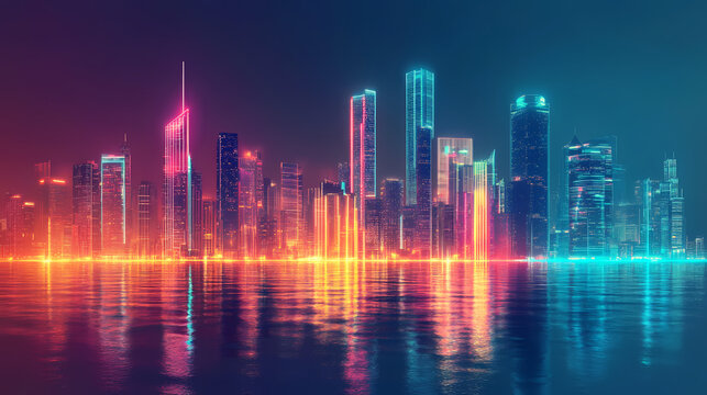 Futuristic financial district skyline, neon lights symbolizing business growth and innovation. Neon District. Illustration