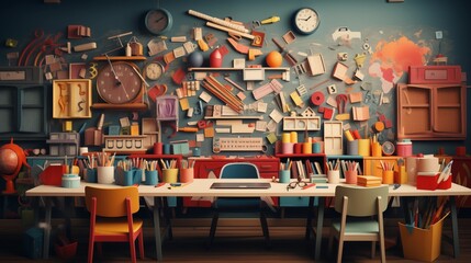 Kids' Classroom with School Accessories, Back-to-School Banner.