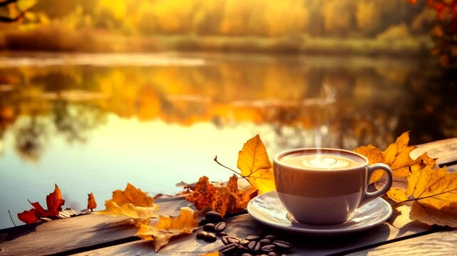 Cup of steaming coffee on a wooden table with autumn leaves by a calm lake. Tranquil fall concept