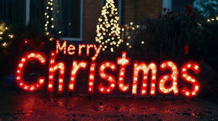 A creative Merry Christmas text art made from twinkling fairy lights outdoors.