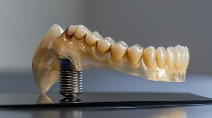 Fototapeta premium This is a strong, custom-made dental implant. It's made from titanium and ceramic and is designed to be attached to the patient's upper jaw.