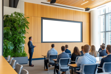 Modern Conference Room with Professional Presenter Speaking to a Business Audience in a Spacious, Well-Lit Meeting Space with large white transparent screen with copy space