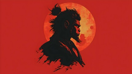 Silhouette of a Monkey with a Bun in Front of a Red Moon
