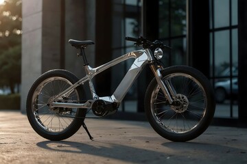 A sleek modern electric bicycle with a high-tech design, featuring a battery pack and a digital display on the handlebar. The bike is parked on a sidewalk in front of a building with large windows.