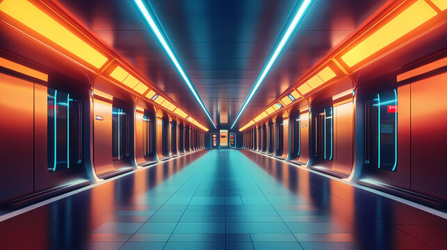 Futuristic subway station with vanishing perspective, sharp lines, and vibrant lighting, capturing the speed and modernity of urban transit systems. Subway Station. Illustration